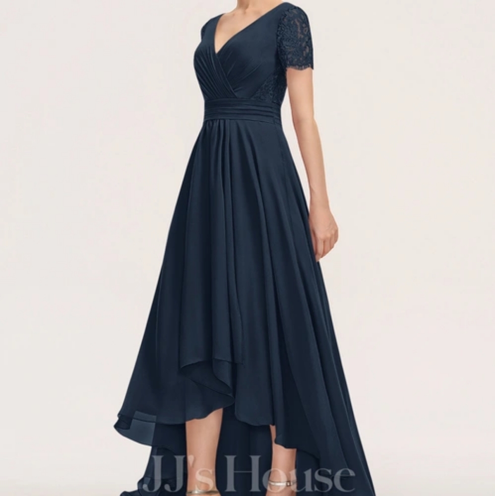 JJs House A-Line V-Neck Asymmetrical Chiffon Dress Dark Navy NWT 16